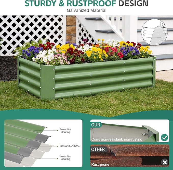 Galvanized Raised Garden Bed - 4x2x1ft (2Packs) Metal Garden Planter Box Outdoor | Steel Raised Bed Kit with Bracing Rods, Gloves for Gardening Vegetables Fruits and Flowers (Olive Green)