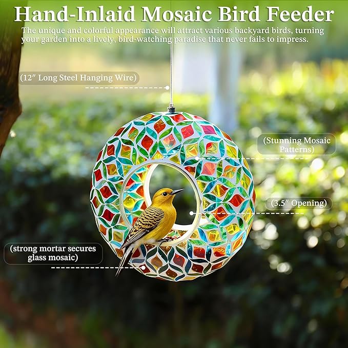 SAVENNA Mosaic Glass Hanging Bird Feeder, 8 Inch Handcrafted Outdoor Feeder with Steel Wire Rope, Decorative Garden & Patio Feeder for Wild Birds, Colorful Abstract Mosaic Design