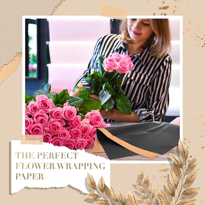 Nezyo 100 Sheets Waterproof Flower Wrapping Paper Double Sided Golden Floral Paper Korean Wrapping Bouquet for Bridal Wedding Mother's Day DIY Florist Craft Gift Supplies, 23 x 23 Inch