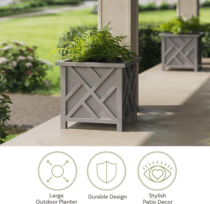 Lattice Design Outdoor Planter Box 2-Pack - 15.5” Square 16.5” Tall Gray Decorative Plant Pots for Front Porch Decor - Flower Pots Outdoor Planters for Porch Patio or Garden Decor by Pure Garden