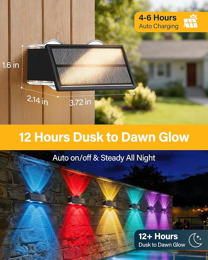Solar Fence Lights Outdoor, 10 Pack 100LM Fence Lights Solar Powered Waterproof, 9 Color Modes, Up & Down LED Focused Beam, 12H Dusk to Dawn Glow for Pool/Patio/Wall/Backyard - Black