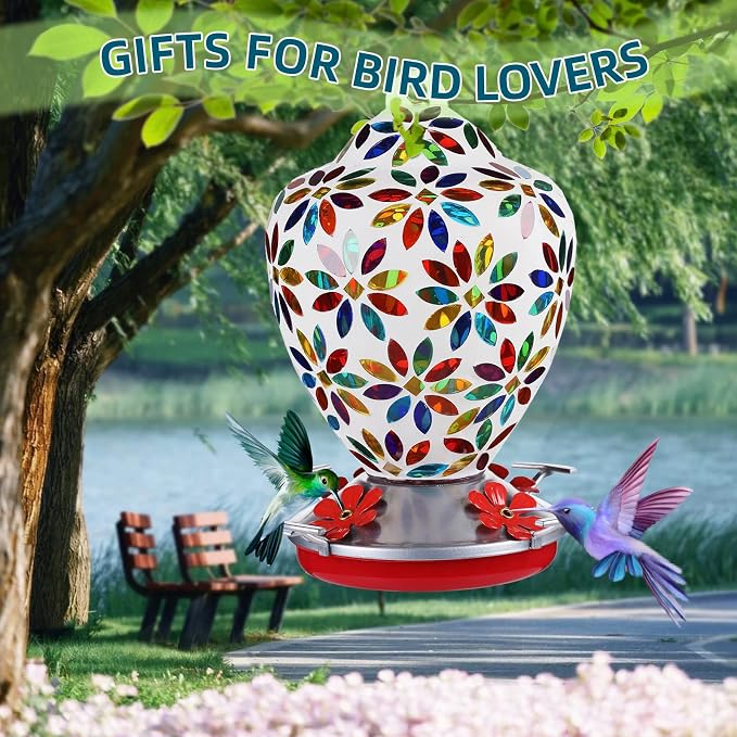 VOREEN Glass Mosaic Hummingbird Feeders, 35OZ with Ant Moat & 4 Feeding Ports, Hand Blown Glass Outdoor Hanging Porch Garden Backyard Decor, Mom Wife Friend'Gift, Flowers Design