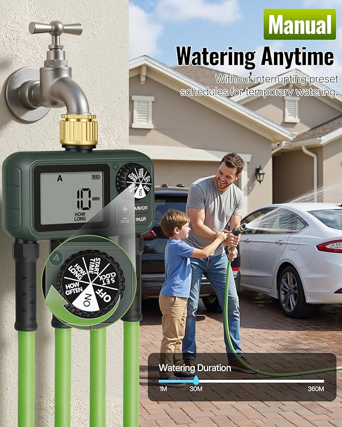 Brass Sprinkler Timer with Swivel, Programmable Water Timer for Garden Hose with Auto/Manual/Rain Delay Watering, Digital Irrigation System Kit,for Garden, Yard, Lawn 4 Outlet F14WT06