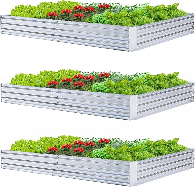 Galvanized Raised Garden Beds 3-Pack (8x4x1ft Each) – Overlapping 4-Inch Panels with Two-Row Screws, Heavy-Duty Metal Planter Box for Vegetables, Herbs, Flowers, Large Garden Kit