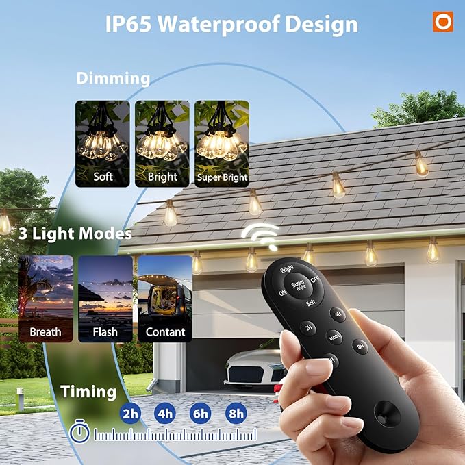 addlon 54FT(48FT+6) Solar String Lights Outdoor Waterproof with USB Port & Remote Control Solar Patio Lights for Outside Solar Powered with 16 LED Dimmable Bulbs for Porch Garden Deck Halloween
