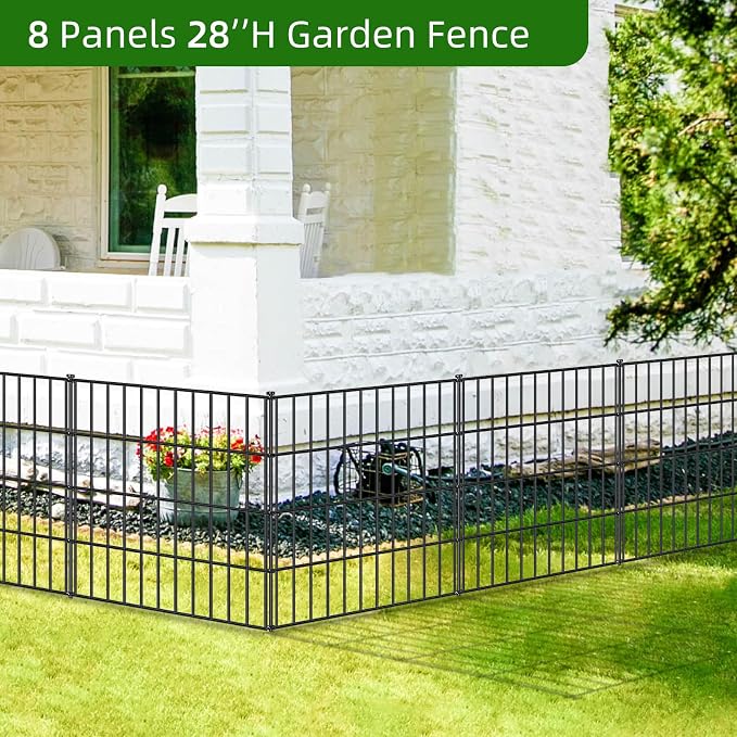 FOREHOGAR Metal Garden Fence 28in (H) x 18.7ft (L), 8 Panels + 9 Stakes Dog Fence Border Fence Animal Barrier, No Dig Garden Fencing for Yard Flower Bed Lawn Patio Outdoor, PIN282808 Black