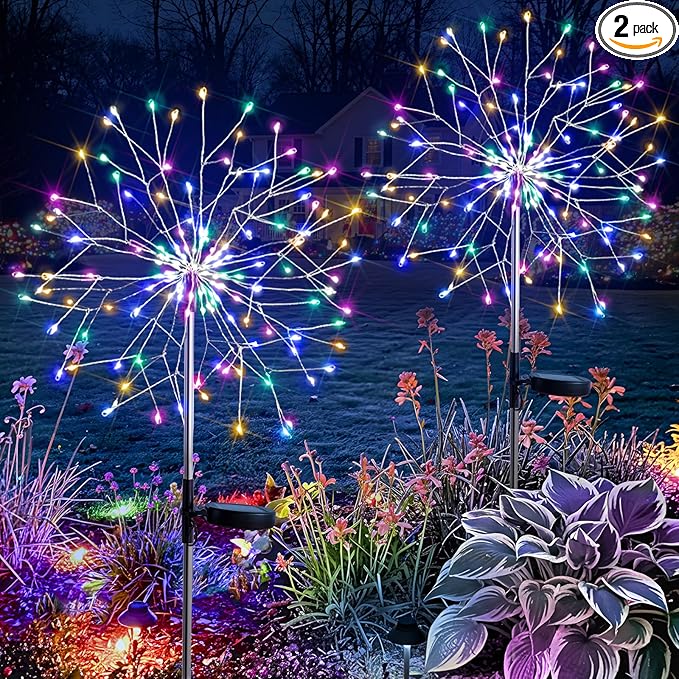 suddus Solar Garden Lights Outdoor Waterproof, Upgrade 2 Pack 150LED Solar Firework Lights, 8 Modes Starburst Fairy Light for Front Yard, Driveway, Bushes, Patio Christmas Decor (Multicolor)