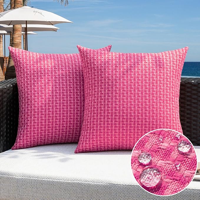 Kevin Textile Outdoor Waterproof Throw Pillow Covers Pack of 2 Valentines Day Boho Farmhouse Decorative Euro Sham Cushion Covers for Garden Patio Tent Balcony Bench Couch Sofa 26x26 Inch, Hot Pink
