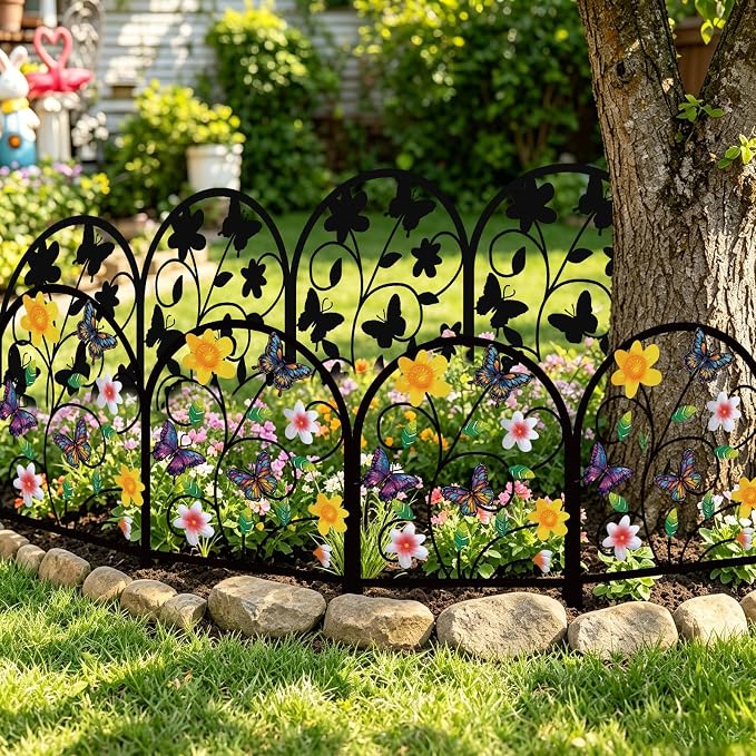8 Pack Butterfly Decorative Garden Fence Metal Butterfly Flower Design Metal Arch Garden Fence Border for Yard Patio Flower Bed Lawn Outdoor Landscape Decoration Animal Barrier Fence for Garden