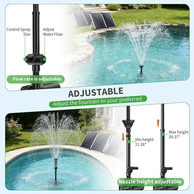 POPOSOAP 100W Solar Water Fountain Pump, 1200GPH Adjustable Flow & Dry-Run Protection Pond Pump, Dual Solar Panels, 3 Spray Nozzles, Solar Fountain Pump Kit for Outdoor Ponds, Water Garden P1100
