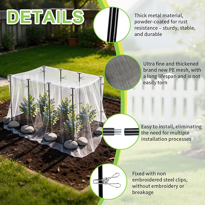 Metal Garden Netting Kit, 8 Pack 2.7ft Sturdy Outdoor Raised Beds Garden Stake Netting Support with 10'× 20' Durable Fine Insect Netting for Garden &16pcs Fixing Clips Plant Covers Set Pest Barrier