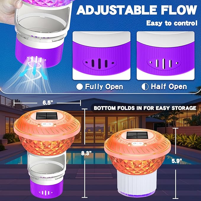 FineBud2025 Upgrade Solar Chlorine Floater, Pool Chlorine Floater with Colorful Light, Button Control Floating Chlorines Dispenser for Pool, Adjustable Flow chlorines floaters (Purple)