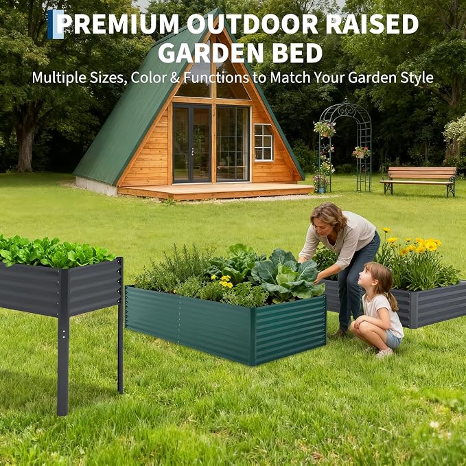 Garvee Galvanized Raised Garden Bed Large Rectangular Kit with Cover Zippered Screen Doors, Open Base Design, Thick Steel, Easy Assembly, Planter Box for Vegetables, Flowers (Dark Green, 8x4x2 ft)
