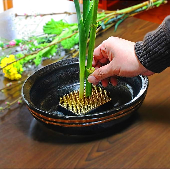 KAKURI Mini Kenzan Flower Frog Square Bulk 4 Set 1¼", Combinable Japanese Ikebana Flower Arrangement Supplies, Professional Flower Holder Pin Frog, Brass Gold, Made in Japan