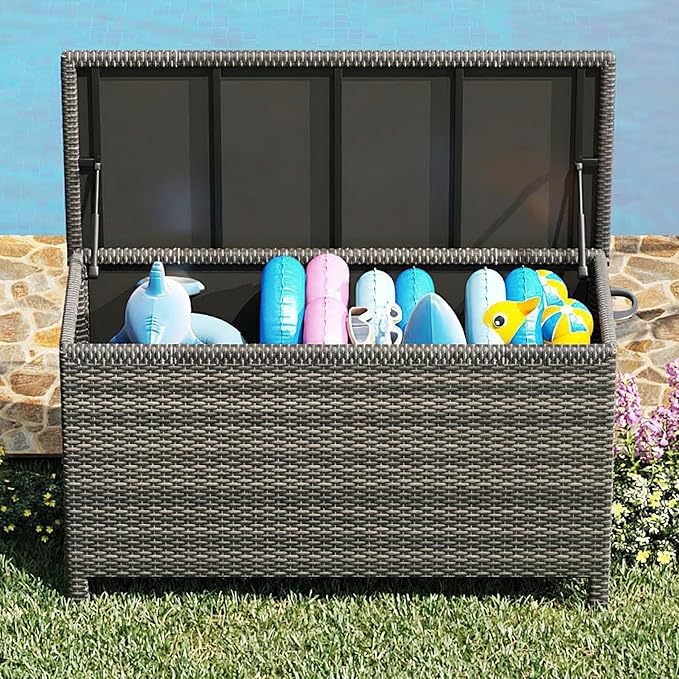 185-Gallon Outdoor Deck Box with Wheels, Waterproof PE Rattan & Aluminum Frame Storage Bin, Lockable Patio Furniture Chest for Cushions, Garden Tools, Pool Toys, Gray