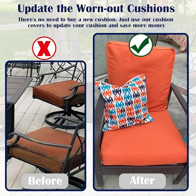 FLYMEI Patio Cushion Covers 24x22x4 Waterproof Outdoor Cushion Cover Replacement 2Packs Outdoor Seat Cushion Slipcover for Rattan Chair Sofa, Orange