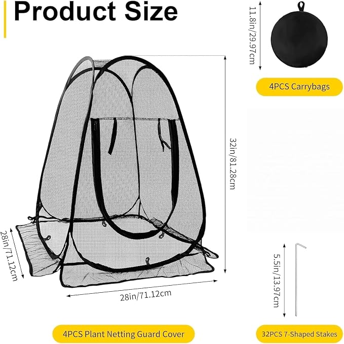 4 Pack Pop Up Plant Protectors, No Assembly 28"x28"x32" Mesh Garden Tents with 32 Stakes, All-Terrain Windproof Guard for Vegetables, Fruit Trees & Raised Beds, Value Bundle