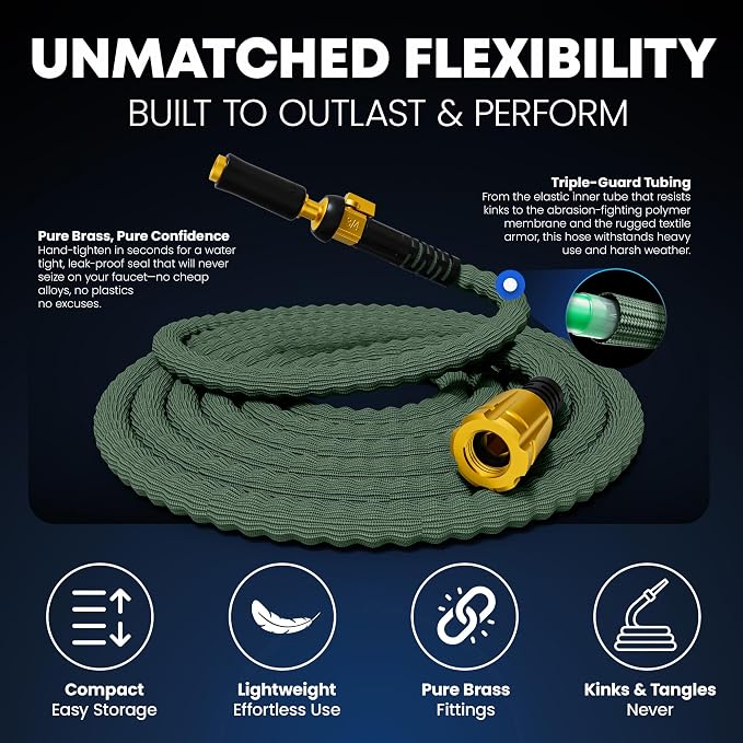 TITAN Flexible Garden Hose 65FT – Ultra Lightweight, Heavy Duty Water Hose with Brass Fittings & Jet Nozzle – Kink-Free, Non-Expanding, Durable Fabric Hose for Yard, Lawn, Car Wash, Outdoor Use