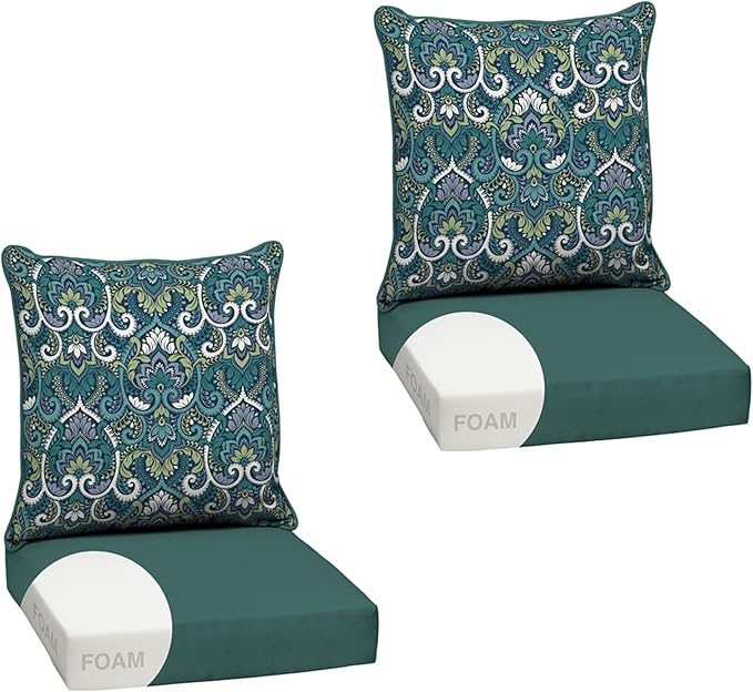 Arden Outdoor Foam Deep Seat Cushion Set (2-Pack), 24x24, Premium High-Density Foam, Never Flattens, Weather-Proof for Patio Chair Sofa Couch, Sapphire Aurora Blue Damask