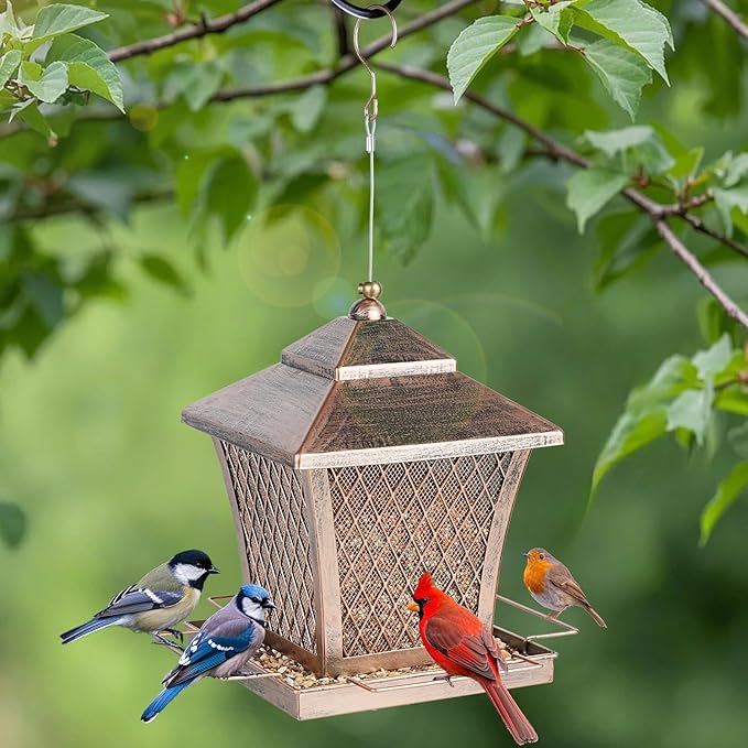 MYITYARD Bird Feeder for Outdoors Hanging, 4 lbs Large Capacity Metal Wild Bird Feeders, Vintage Bronze Finish Rust-Resistant Birdfeeder for Garden Yard Balcony Decor