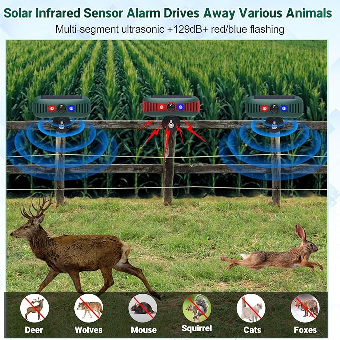 Qualirey 4 Pcs Solar Outdoor Alarm Motion Sensor 129dB Security Siren Sound Detector Strobe Light, 4 Modes Animal Deterrent Dog Barking Waterproof Alarm for Home, Farm