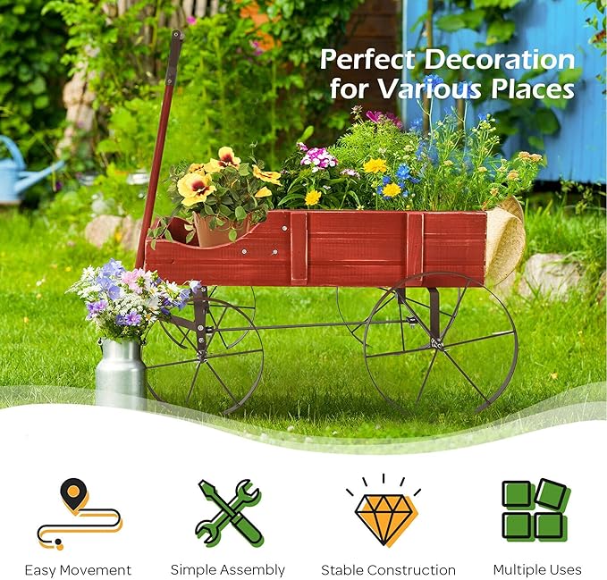 DORTALA Wood Wagon Planter, Outdoor Garden Flower Planter Cart with Wheels, Small Decorative Wood Raised Bed Plant Pot Box Stand for Backyard, Patio, Balcony, Red