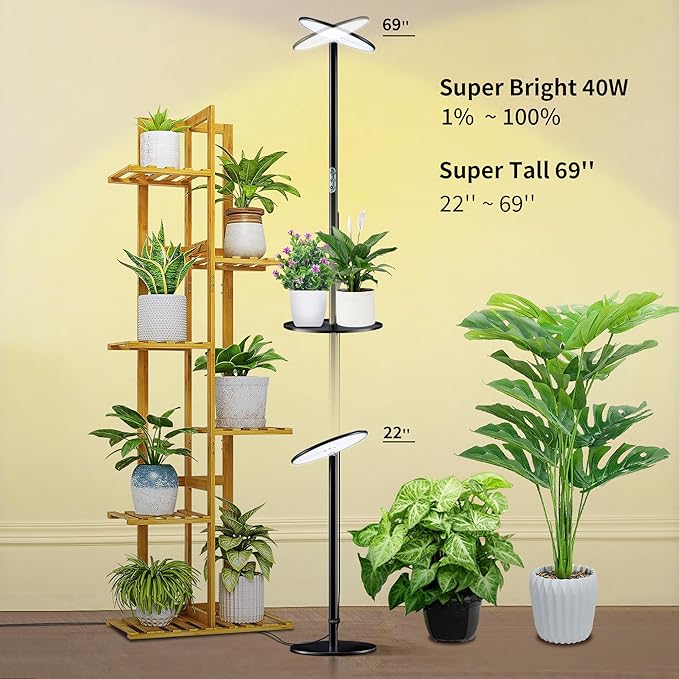 chiphy 69" Full Spectrum Grow Light for Indoor Plants, 40W Tall Plant Lights with Tray, 4/8/12H Timer, 10 Level Dimmable Brightness, Heights Adjustable, Remote Control, Ideal for Large Tall Plants