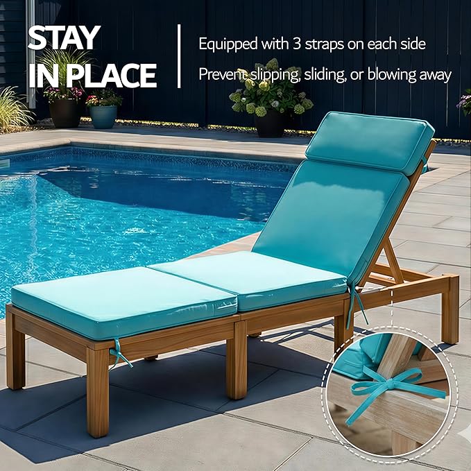 72 x 21 Inch Outdoor Chaise Lounge Cushions Set of 4 - Removable Cover, 4-Section Design, Water-Repellent & Fade-Resistant, 6 Tie Straps, Replacement for Patio & Pool Chairs - Teal
