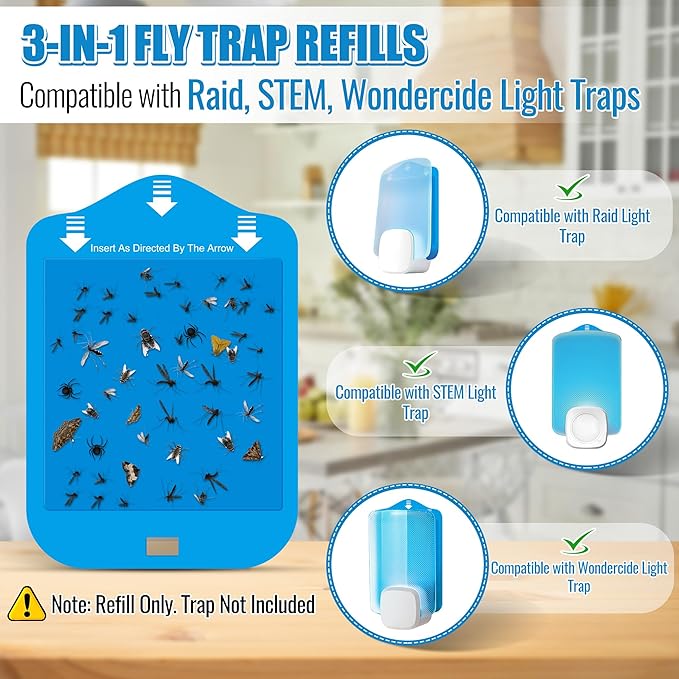 Qualirey Fly Trap Refill Cartridges Compatible with Raid/STEM/Wondercide Flying Insect Traps, Light Trap Refills Strong Glue Card for Fly Insect Bug Mosquito Gnat Traps Indoor(12 Pack)