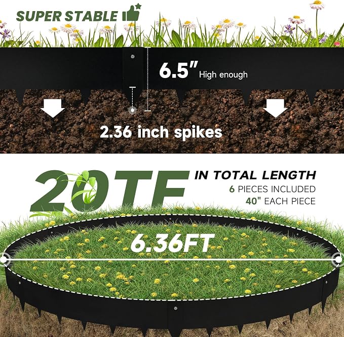 Steel Landscape Edging - 40" LX 6" H Metal Garden Edging - Landscape Lawn Edging - 20FT Total 6 Pcs - No-Dig Hammer Heavy Duty Metal Edging Bendable Border Strips for Lawn Yard Black GJWCVL - 6 Clips