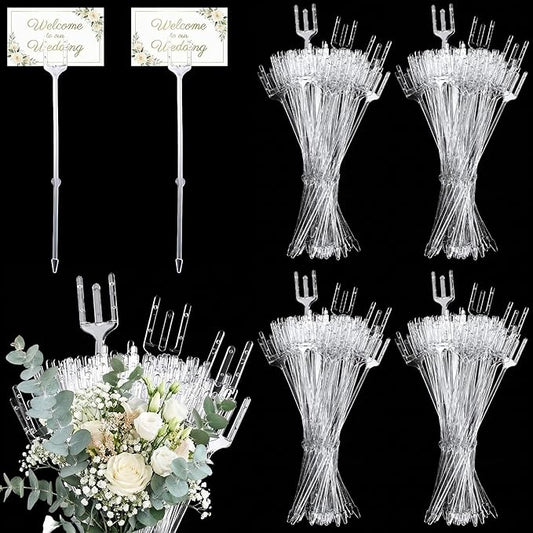 Patelai 500 Pcs Floral Picks Cardholder 9.4 Inch Plastic Transparent Fork Shaped Straight Head Flower Pick Card Clips for Bouquet Floral Photo Cake Wedding Birthday Party Decoration