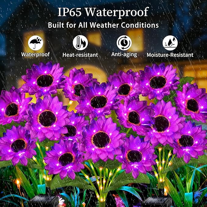 Solar Garden Lights Outdoor, 4 Pack Solar Purple Sunflower Lights with 18 Head 3.4 Inch Flowers, Waterproof Flowers Light Fall Decor Auto ON/Off for Garden Yard Patio Backyard, Gifts for Mom Women