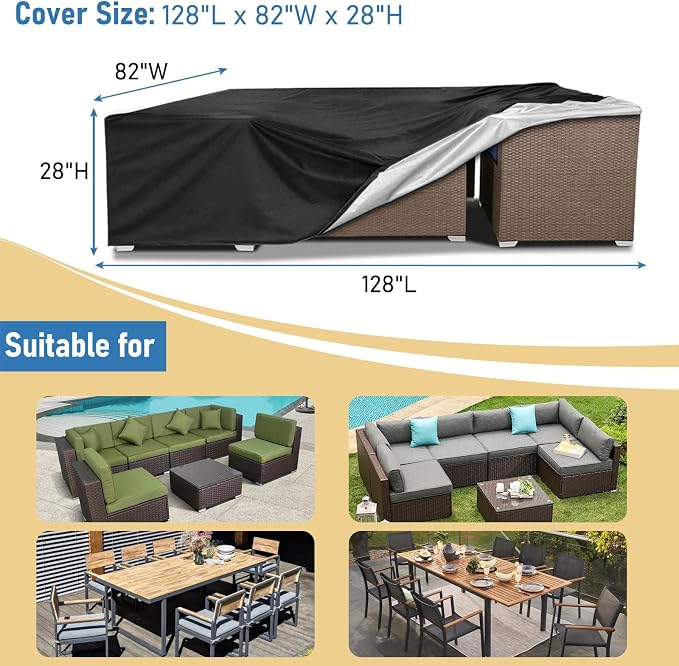 AKEfit Patio Furniture Covers,500D Heavy Duty Waterproof for Outdoor Square and Retangle Patio Table and Chair Covers, Black -128"L x 82"W x 28"H