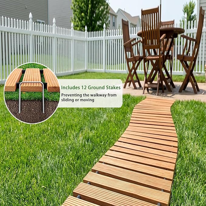 Wooden Garden Pathway Outdoor Walkway - 12 FT Roll Out Outdoor Pathway with Ground Stakes, Boardwalk Pavers for Outside Walkway, Non-Slip Garden Path for Backyard Decor, Lawn Landscaping, Natural