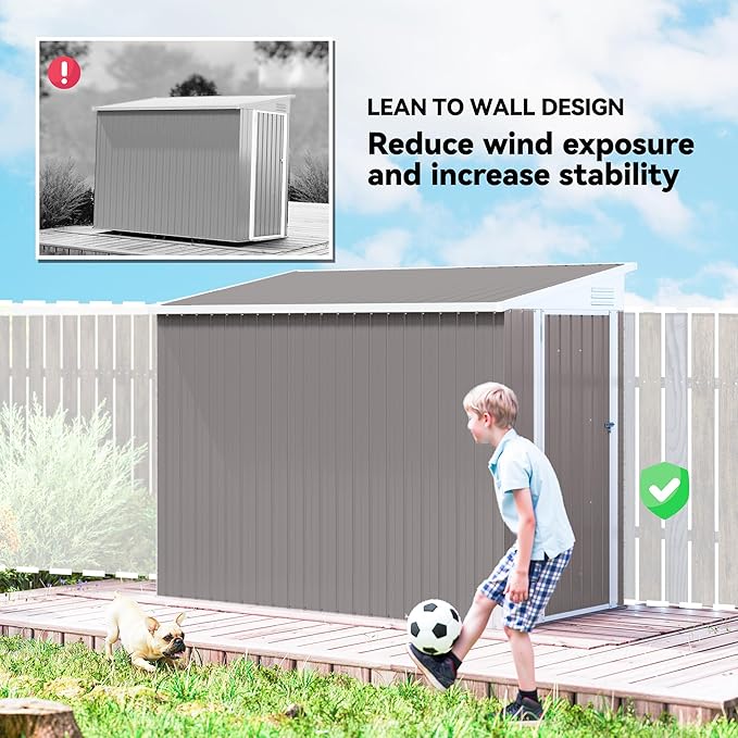 Outsunny 4' x 8' Metal Outdoor Storage Shed, Lean to Storage Shed, Garden Tool Storage House with Lockable Door and 2 Air Vents for Backyard, Patio, Lawn, Light Gray