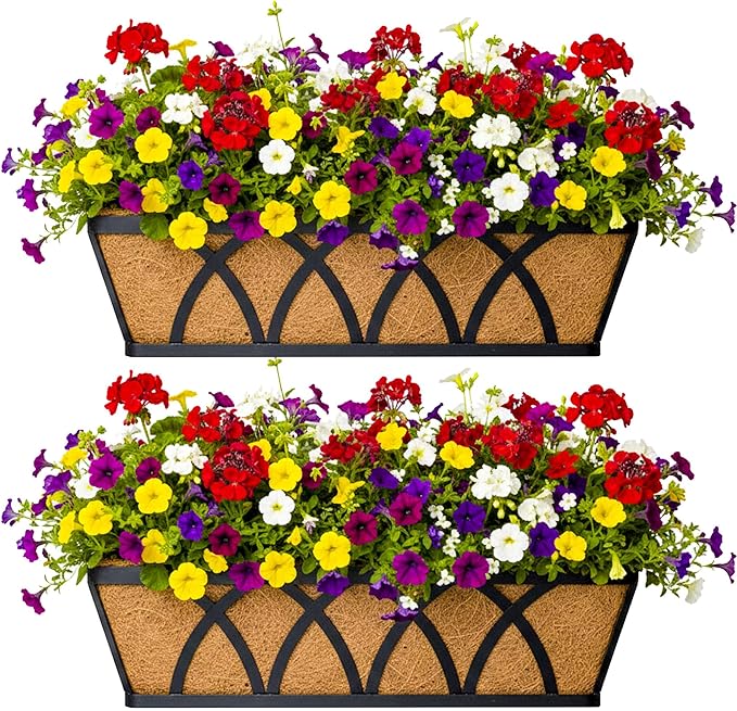 2 Pack 24 Inch Window Sill Fence Planter Pots Black Metal Window Sill Planter with Coco Backing Wall Mounted Home Planter Hanging Basket
