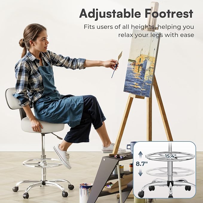 SUPERJARE Drafting Chair with Back, Adjustable Foot Rest Rolling Stool, Multi-Purpose Office Desk Chair, Thick Seat Cushion for Home Bar Kitchen Shop - White