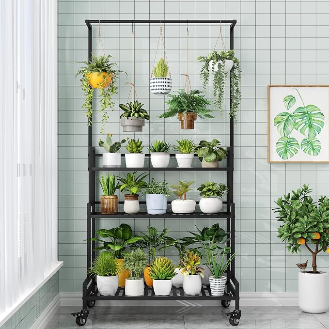 YIZAJIA Plant Stand Indoor 3 Tier Metal Outdoor Tiered Stands Shelf With wheel for Multiple Plants Potted Ladder Plant Holder Table Plant Pot Stand for Window Garden Balcony Living Room