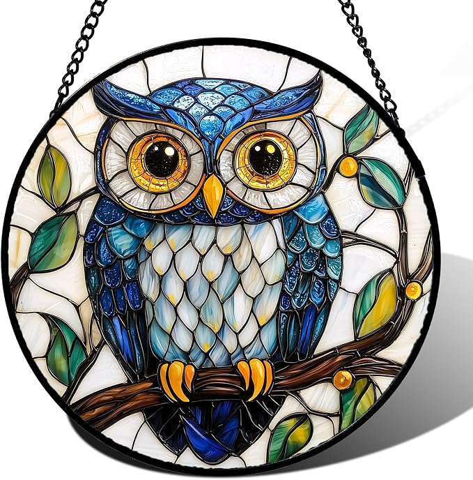 DASTOLL Stained Glass Window Hanging, Owl Gifts for Women Sun Catchers Diamond Glass Panel Hangings Birds Suncatcher Decor for Birthday for Women, Men, Wife, Aunt, and Mom 14.9x14.9 in