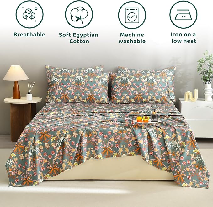 QSH Egyptian Cotton Floral Bed Sheets Queen Size,Luxury Silk Feel Paisley Botanical Pattern Printed Floral Sheets Sets Queen Extra Soft and Breathable 4pcs Deep Pockets Elegant Bedding Sheets