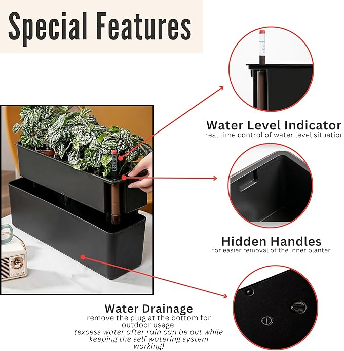 LaLaGreen Railing Planter Boxes (16 Inch, 4 Pack) Black Rectangular Plastic Window Box Planters with Self-Watering System Metal Brackets, Outdoor Plants Herbs Flowers Deck Balcony Fence Garden Decor