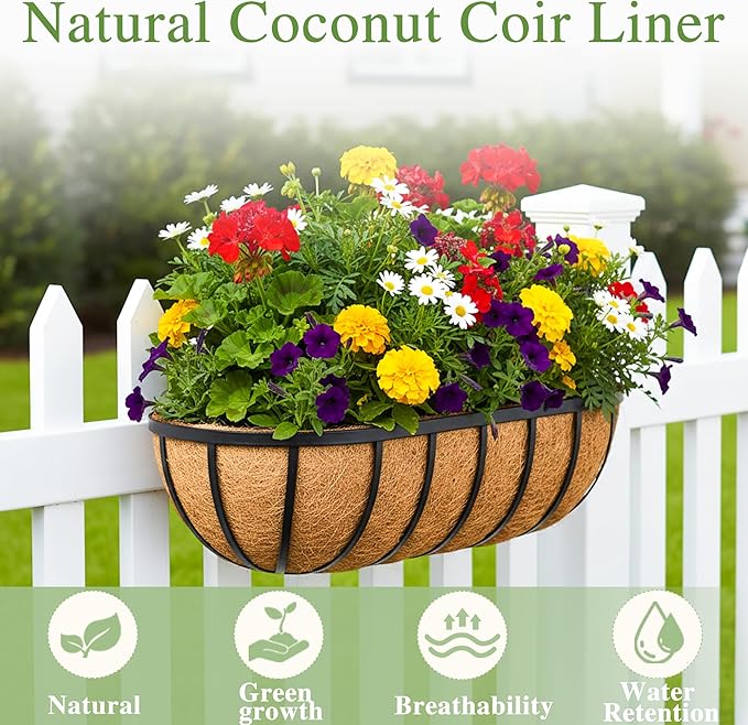 EIMQUVW 30 Inch Railing Planter Window Box Deck Balcony Rail Planter with Coco Liner Metal Wall-Mounted Coconut Liner Basket English Horse Trough for Outdoor Balcony Porch Fence Patio (2 Pack)