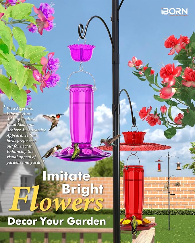 iBorn Hummingbird Feeders for Outdoors Hanging with Ant Moat for Hummingbird Feeder Glass 8 Ports for 16oz Humming Bird Nectar, Fuchsia Magenta, Pack of 1