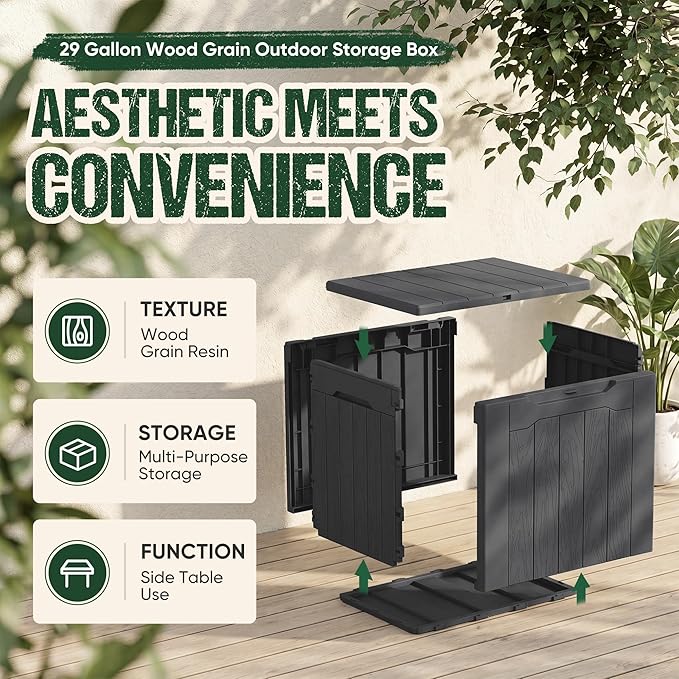 Devoko 29 Gallon Waterproof Outdoor Storage Box Resin Deck Box Lockable and UV Resistant for Patio Furniture, Garden Tools (Gray, 29 Gallon)