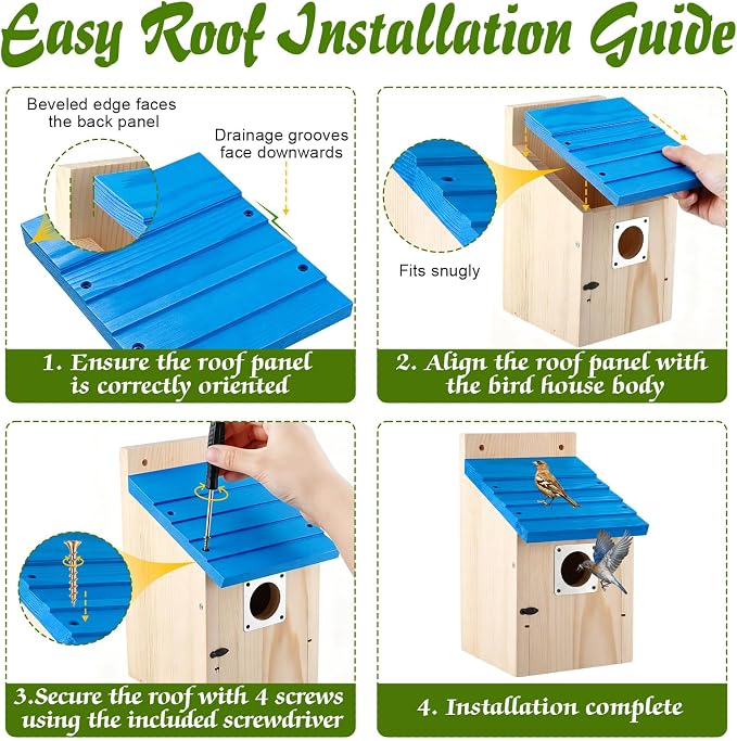 Dreyoo 4 Pack Bluebird Houses for Outside with Metal Predator Guard, 1-1/2" Entrance Hole Wooden Blue Bird Houses for Outdoors, Bluebird Nesting Box(Blue Roof, Wood Body)