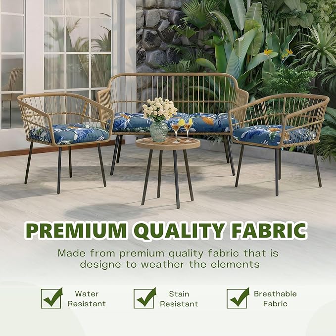 Wicker Chair Cushions Set, 2 U-Shaped Cushions & 1 Loveseat, Waterproof Outdoor Loveseat Cushion for Patio Furniture, Settee Bench Pad All Weather,BlueLeaf