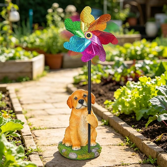 Dog Wind Spinner Decor, Waterproof Resin Golden Retriever Garden Statue with Colorful Pinwheel for Outdoor Patio, Flower Bed, Poolside, Backyard Lawn