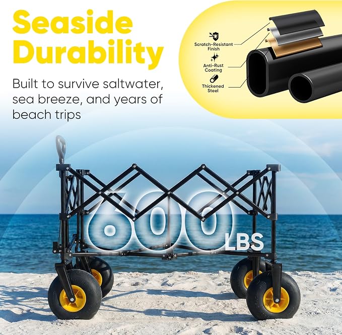 Sekey Heavy Duty Beach Wagon with 9" Big Sand-Proof Wheels – 600lb Capacity, 200L Oversized Foldable Cart | Adjustable Handle & All-Terrain Tires for Sand, Camping, Groceries