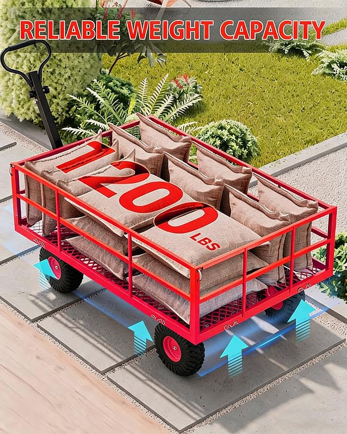 Garvee Steel Garden Cart, 1200 LBS Capacity Utility Outdoor Wagon, Heavy Duty Mesh Garden Wagon with Removable Sides, 2-in-1 Handle, 13" Tires for Yard, Lawn, Garden