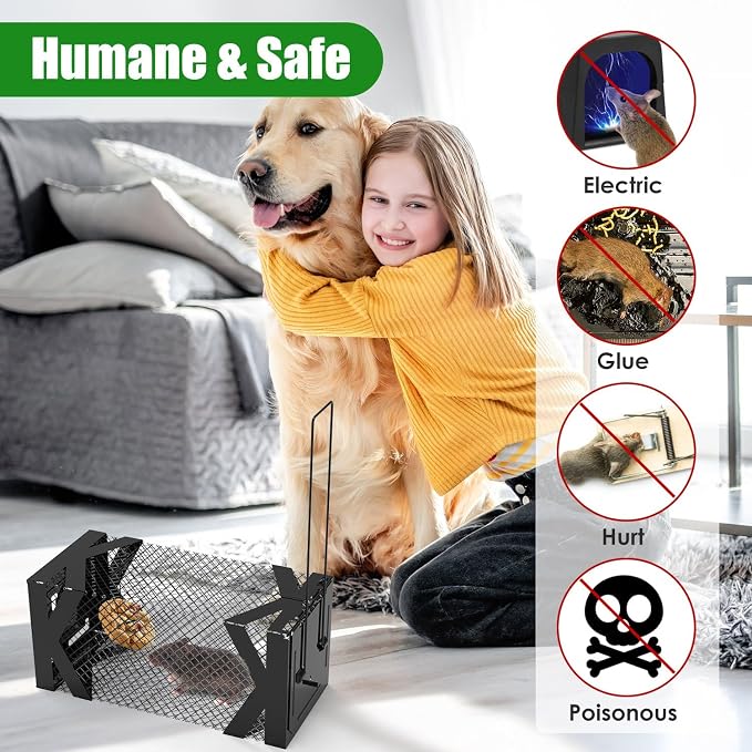 TeqHome 2 Pack Humane Rat Trap, Small Live Chipmunk Trap That Work for Indoor & Outdoor, Easy to Catch & Release, Live Animal Traps Mouse Cage Traps Reusable for Small Rodents Mice Voles Hamster,Black